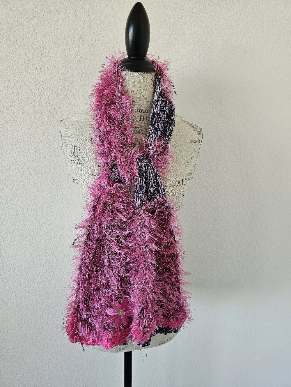 Vintage Y2K Hand Knitted Fuzzy E-Girl Scarf – Pink & Purple Eyelash Yarn Beaded